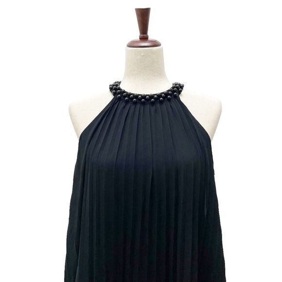 Vintage BH-One Fashion Black Chiffon Pleated Halter Beaded Neck Dress Sz Medium - Picture 6 of 13